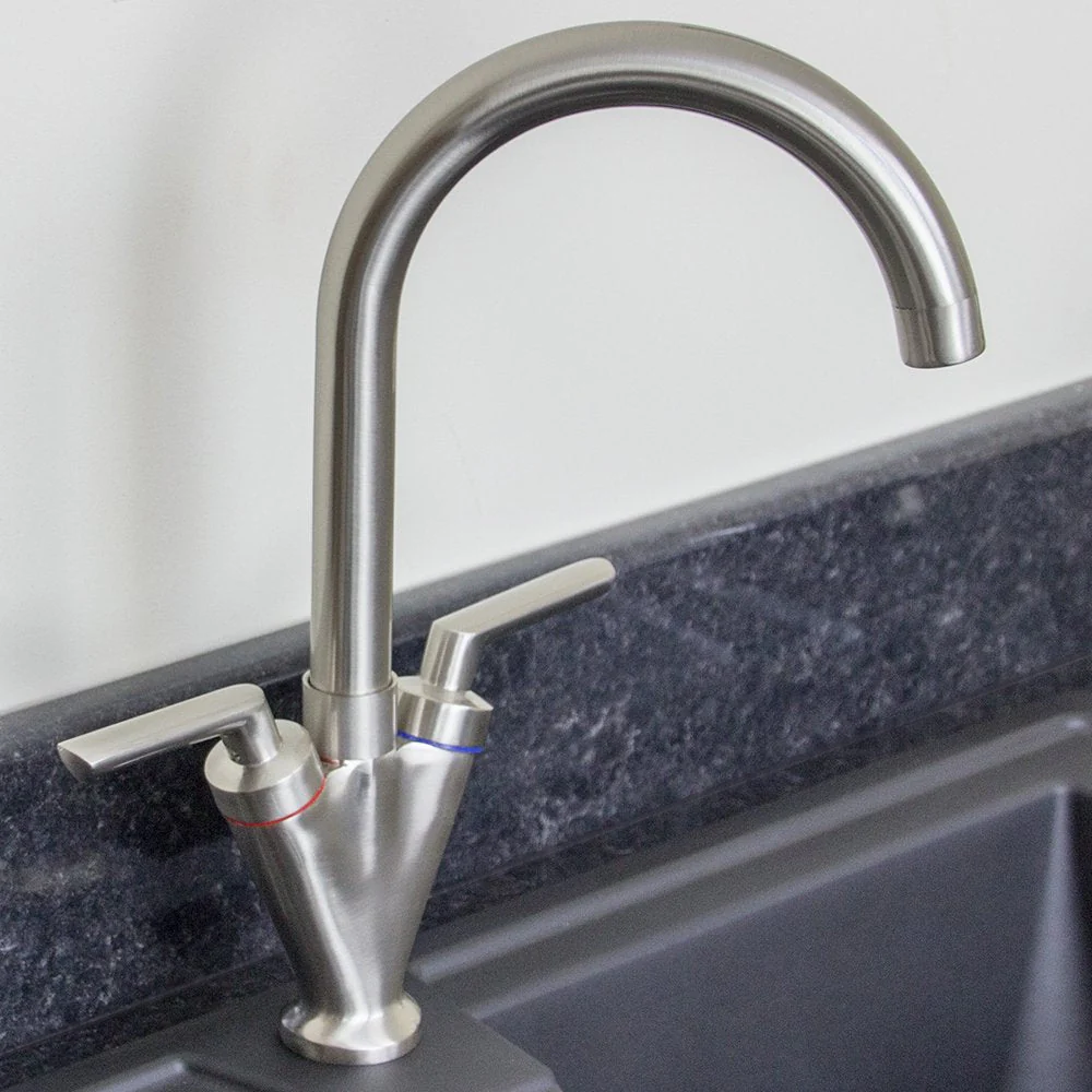 Astini Saturn Twin Handle Swivel Spout Kitchen Sink Mixer Tap with Brushed Steel and Chrome Finish - Image 4