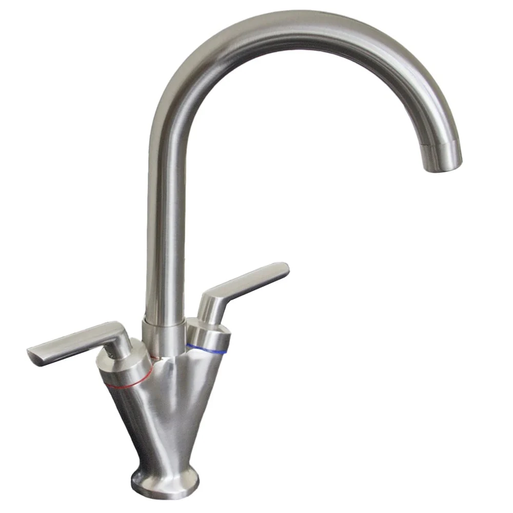Astini Saturn Twin Handle Swivel Spout Kitchen Sink Mixer Tap with Brushed Steel and Chrome Finish - Image 5