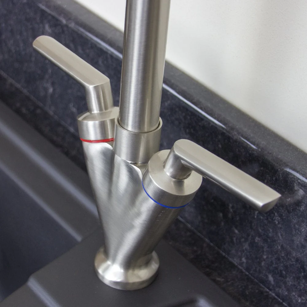 Astini Saturn Twin Handle Swivel Spout Kitchen Sink Mixer Tap with Brushed Steel and Chrome Finish - Image 6