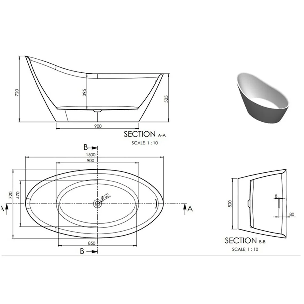 Astini Scoop Single Ended Freestanding 1500x720mm Bath Tub & Waste - Image 2