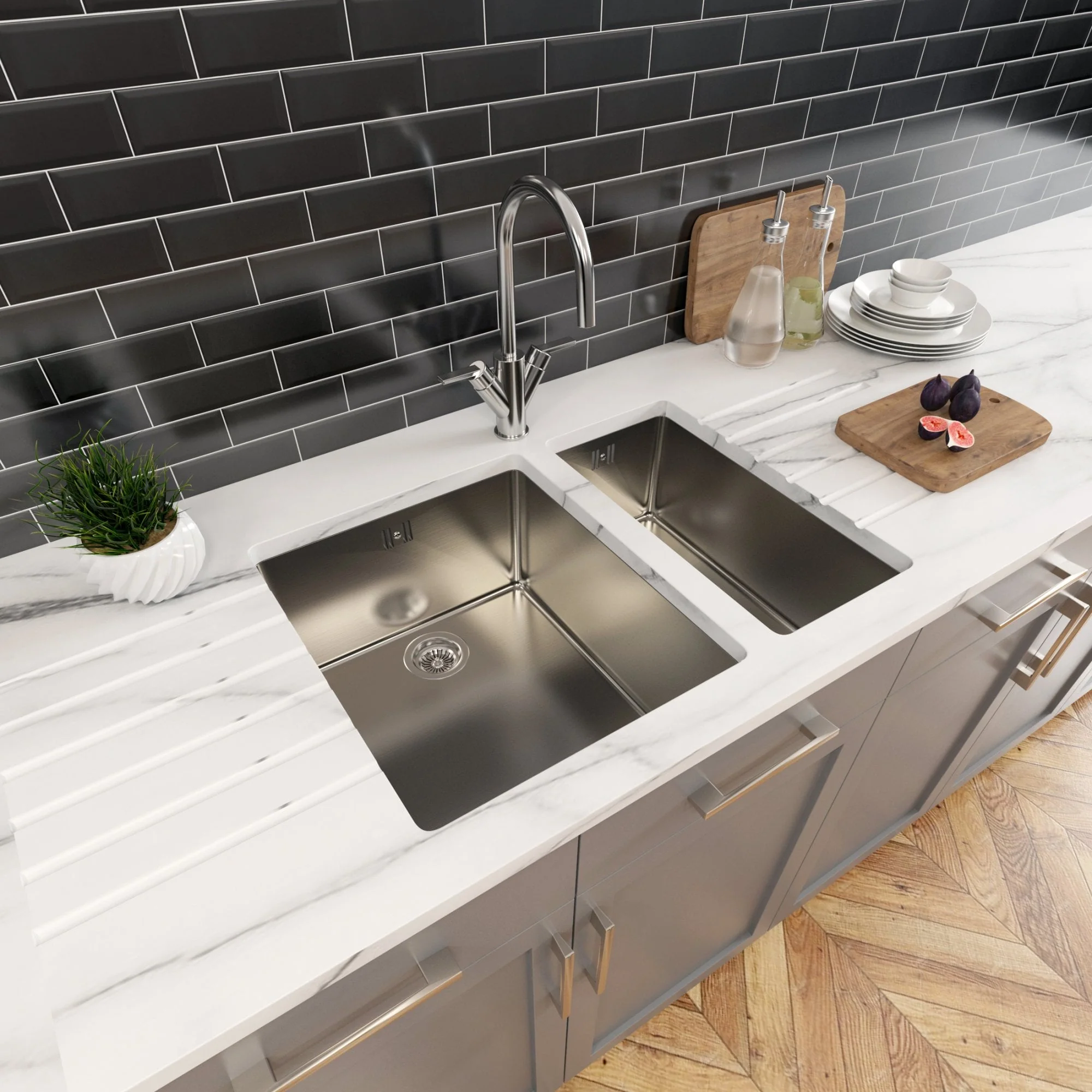 Astini Serena 1.5 Bowl Stainless Steel Undermount Kitchen Sink & Waste 4020+4034 - Image 2