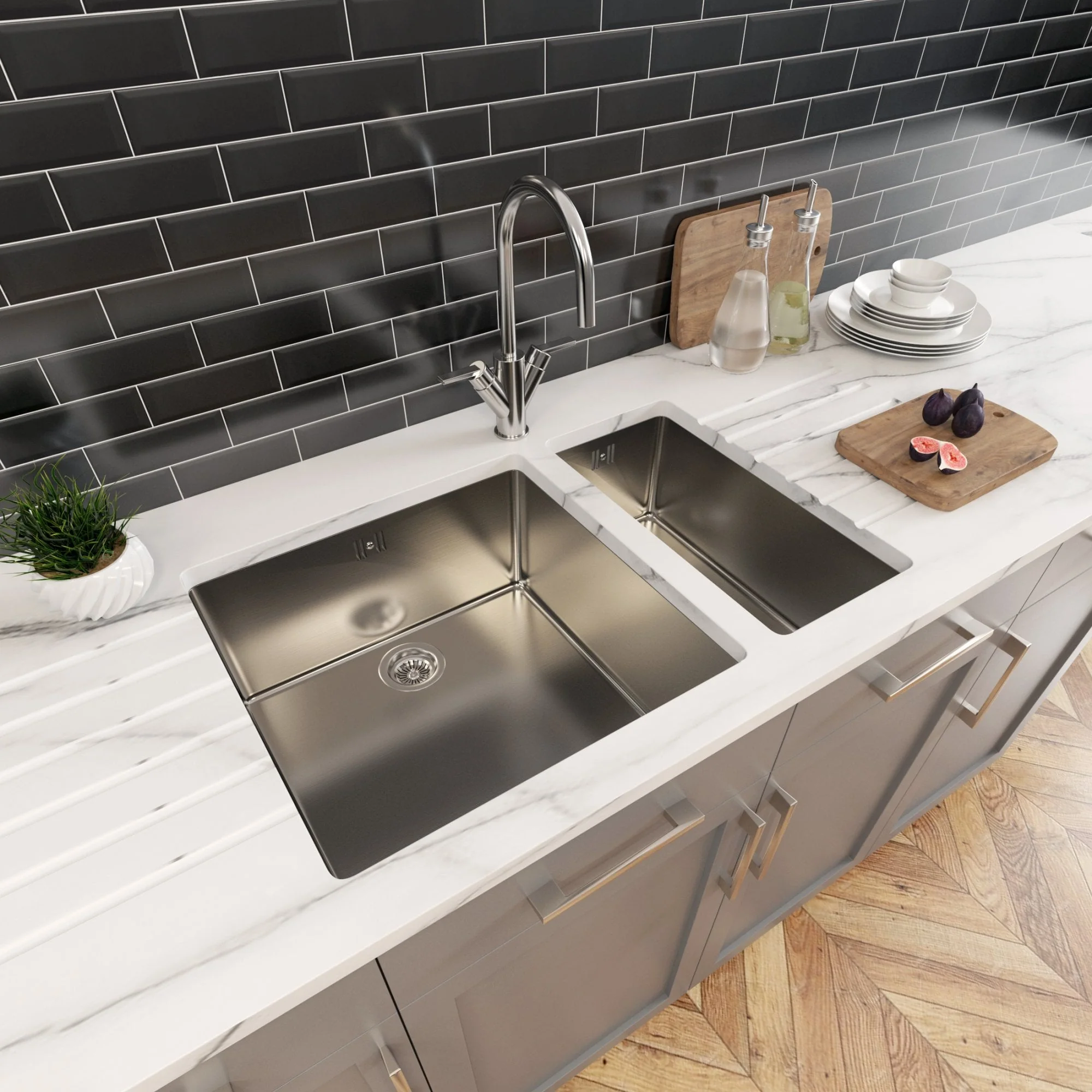 Astini Serena 1.5 Bowl Stainless Steel Undermount Kitchen Sink & Waste 4020+4040 - Image 2
