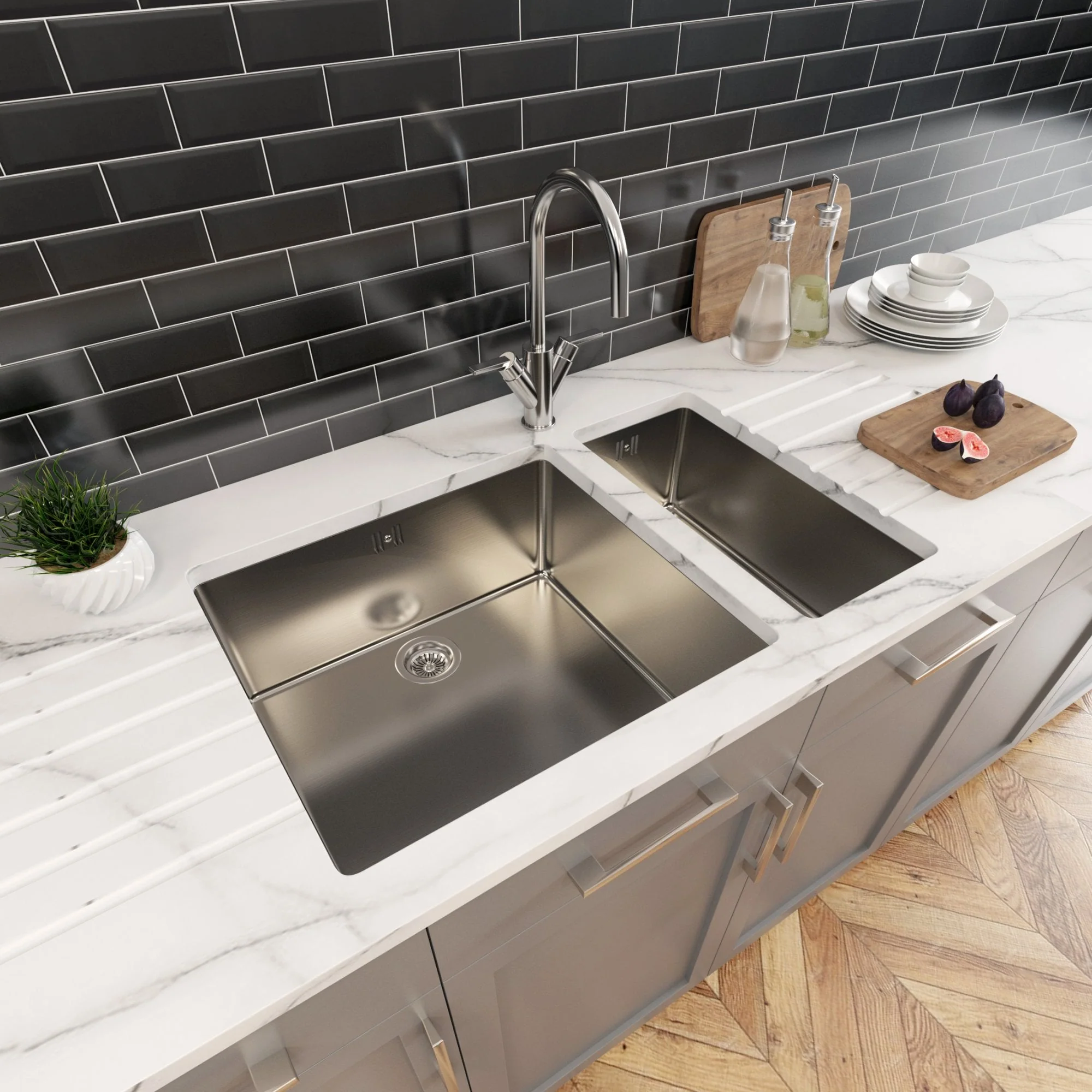 Astini Serena 1.5 Bowl Stainless Steel Undermount Kitchen Sink & Waste 4020+5040 - Image 2