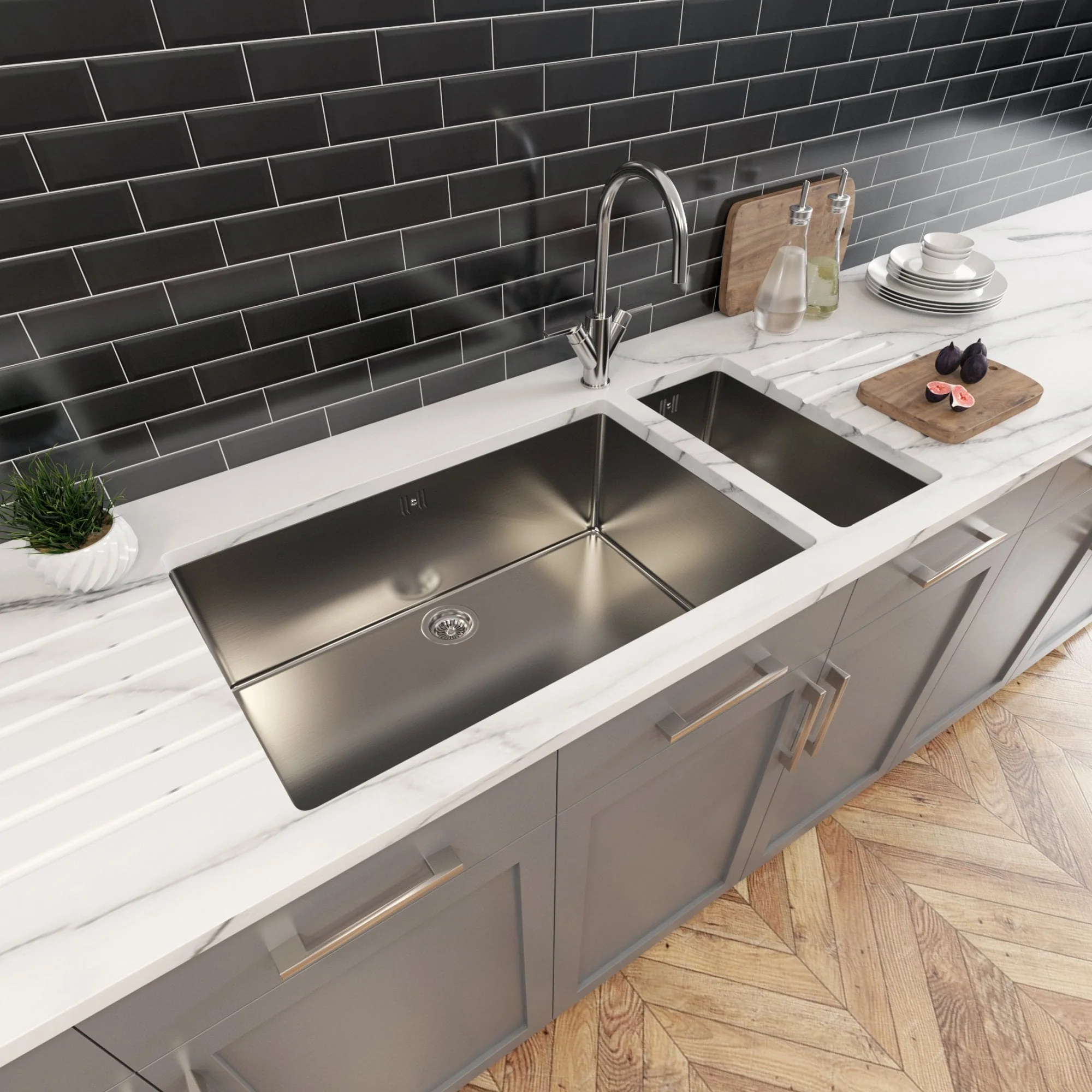 Astini Serena 1.5 Bowl Stainless Steel Undermount Kitchen Sink & Waste 4020+7040 - Image 2