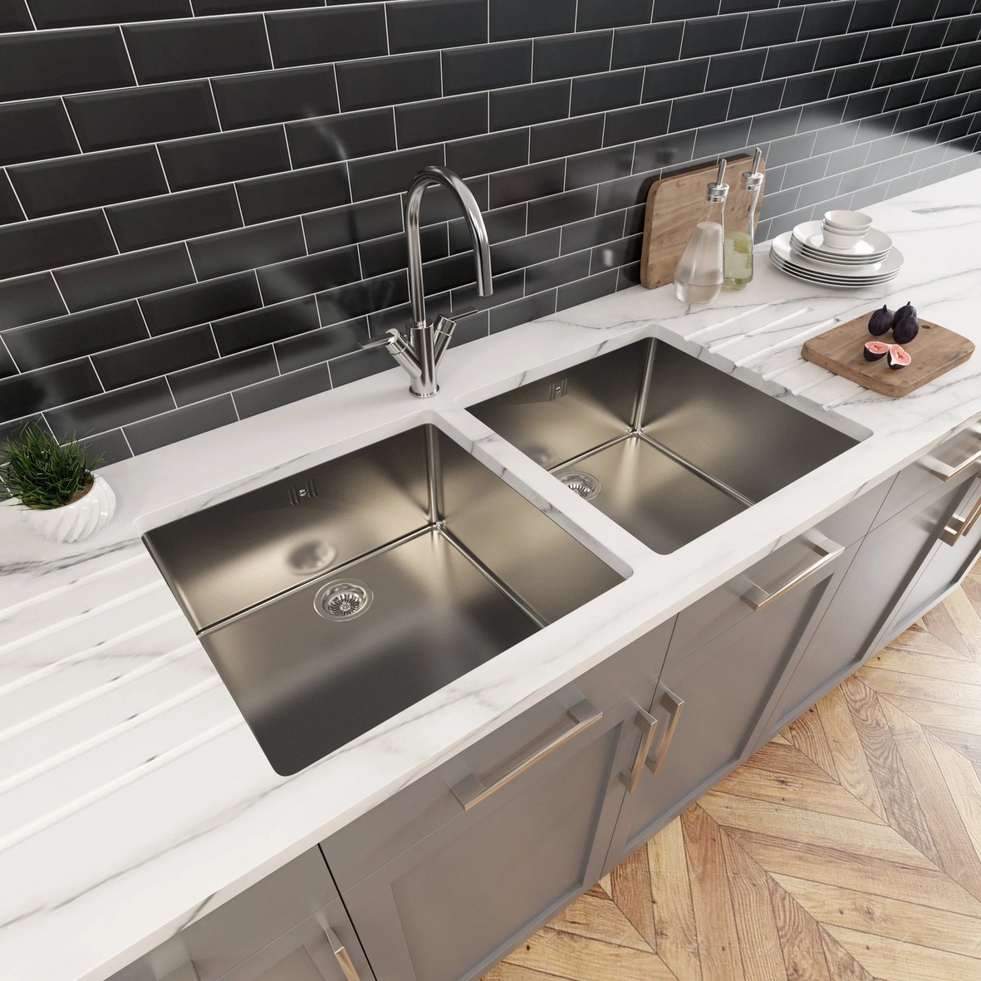 Astini Serena 2.0 Bowl Stainless Steel Undermount Kitchen Sink & Waste 4040+4040 - Image 2