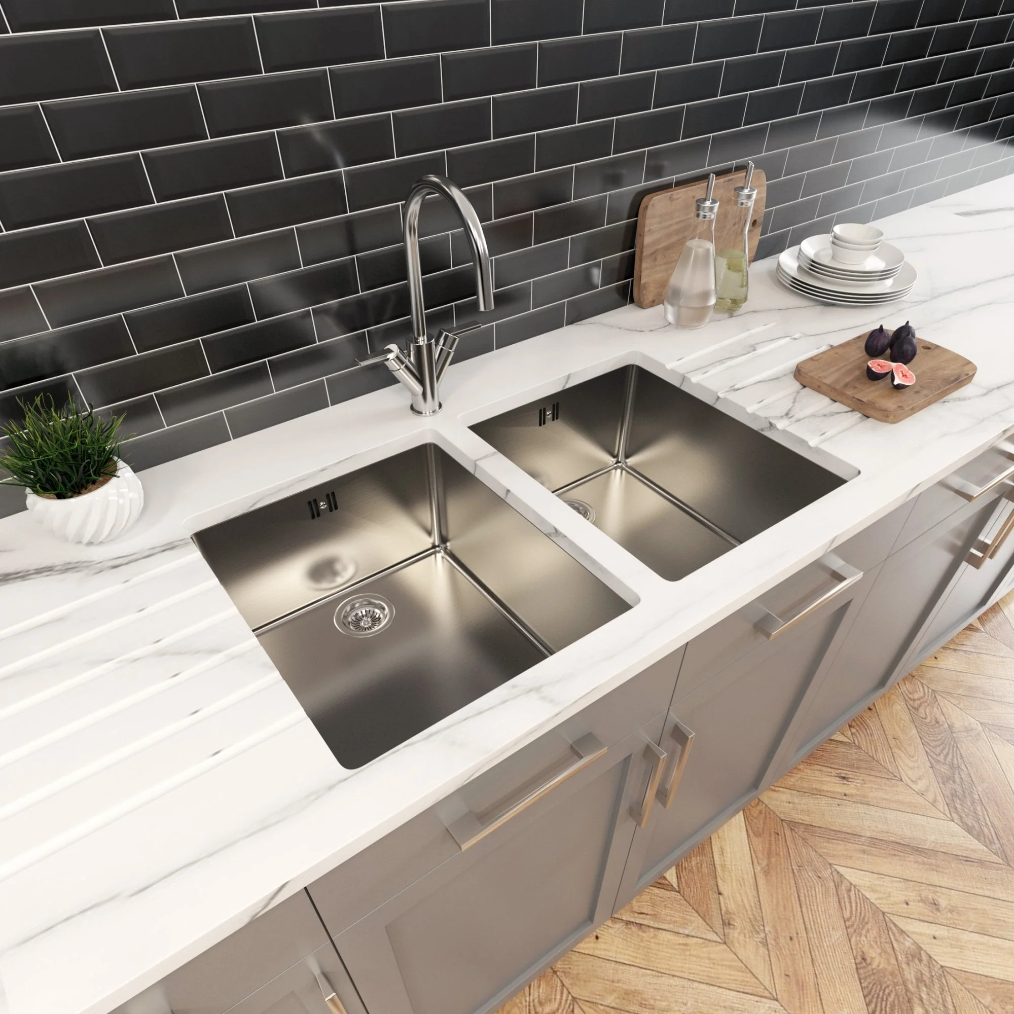 Astini Serena 2.0 Bowl Stainless Steel Undermount Kitchen Sink & Waste4034+4034 - Image 2