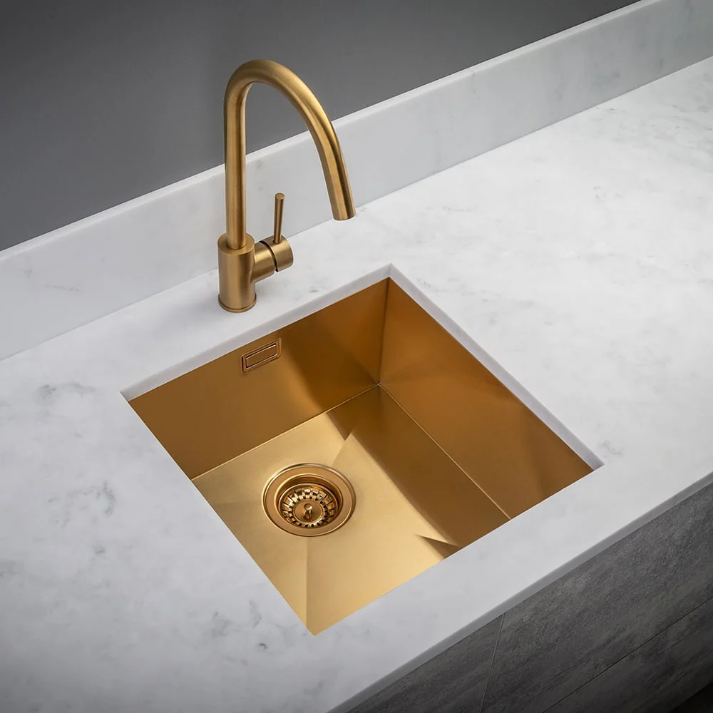 Astini Sotto 40x40 1.0 Bowl Brushed Brass PVD Stainless Steel Kitchen Sink & Waste - Image 2