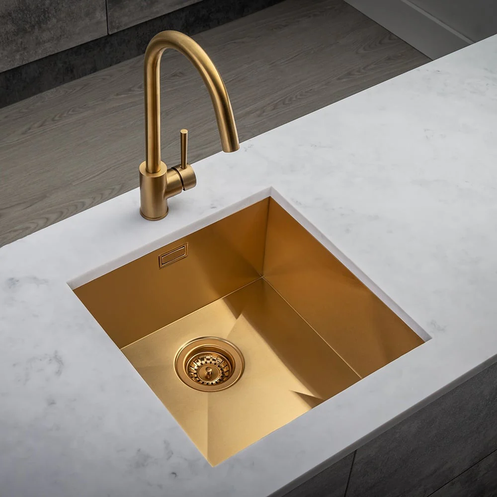 Astini Sotto 40x40 1.0 Bowl Brushed Brass PVD Stainless Steel Kitchen Sink & Waste - Image 3