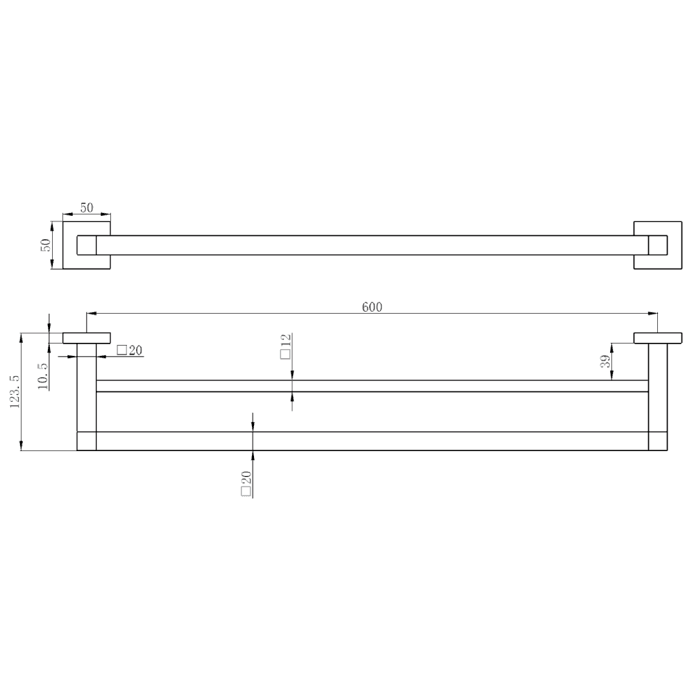 Astini Sydney Matte Black Square Double Towel Rail - Image 2
