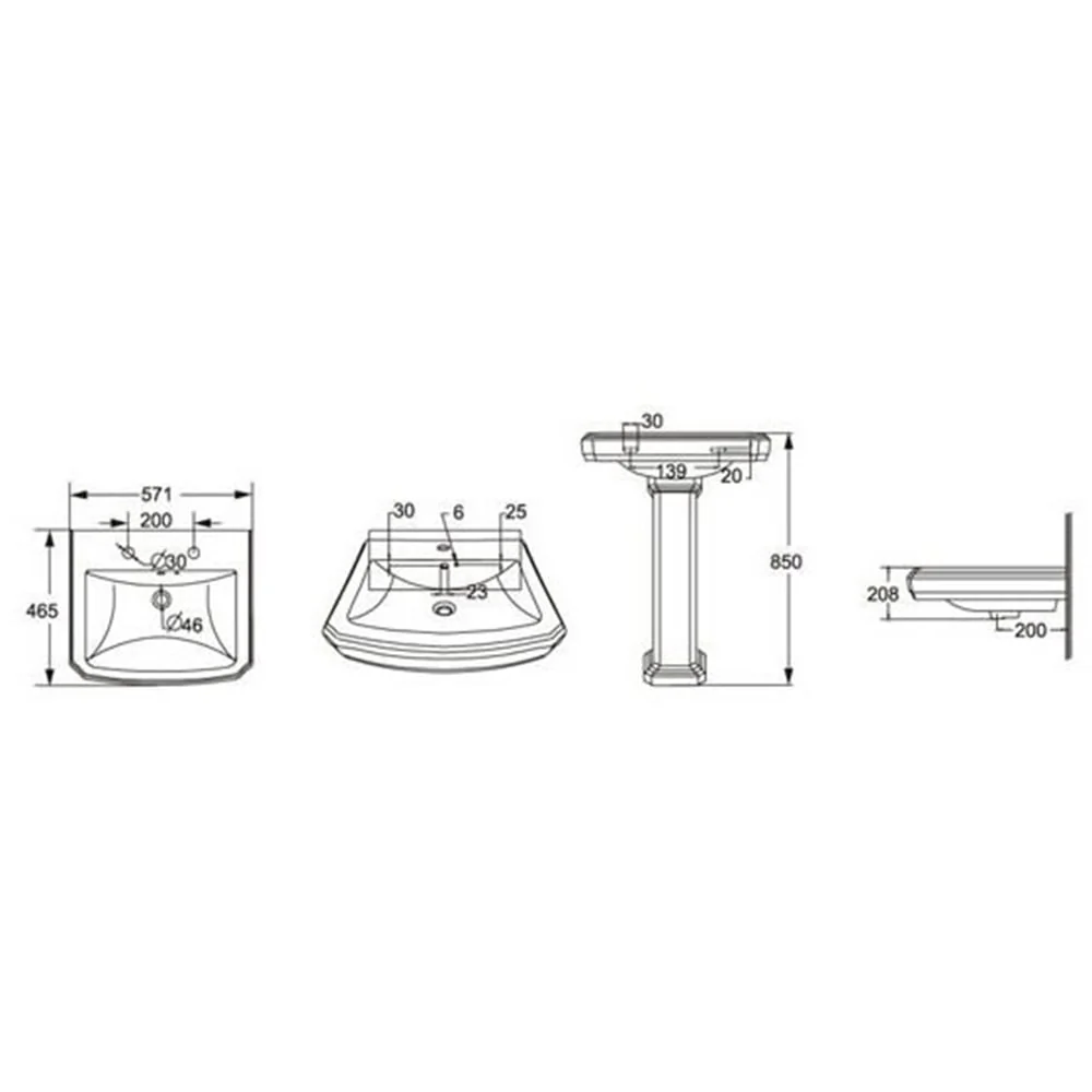 Astini Tenby Traditional Basin & Pedestal with 2 Tap Holes - Image 2
