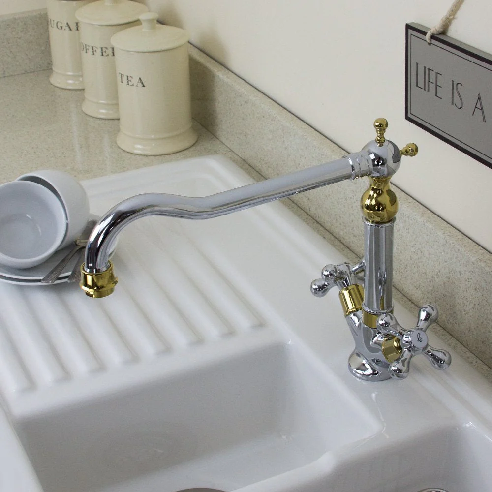 Astini Traditional Gold & Chrome Twin Handle Kitchen Sink Tap 25441GC - Image 3