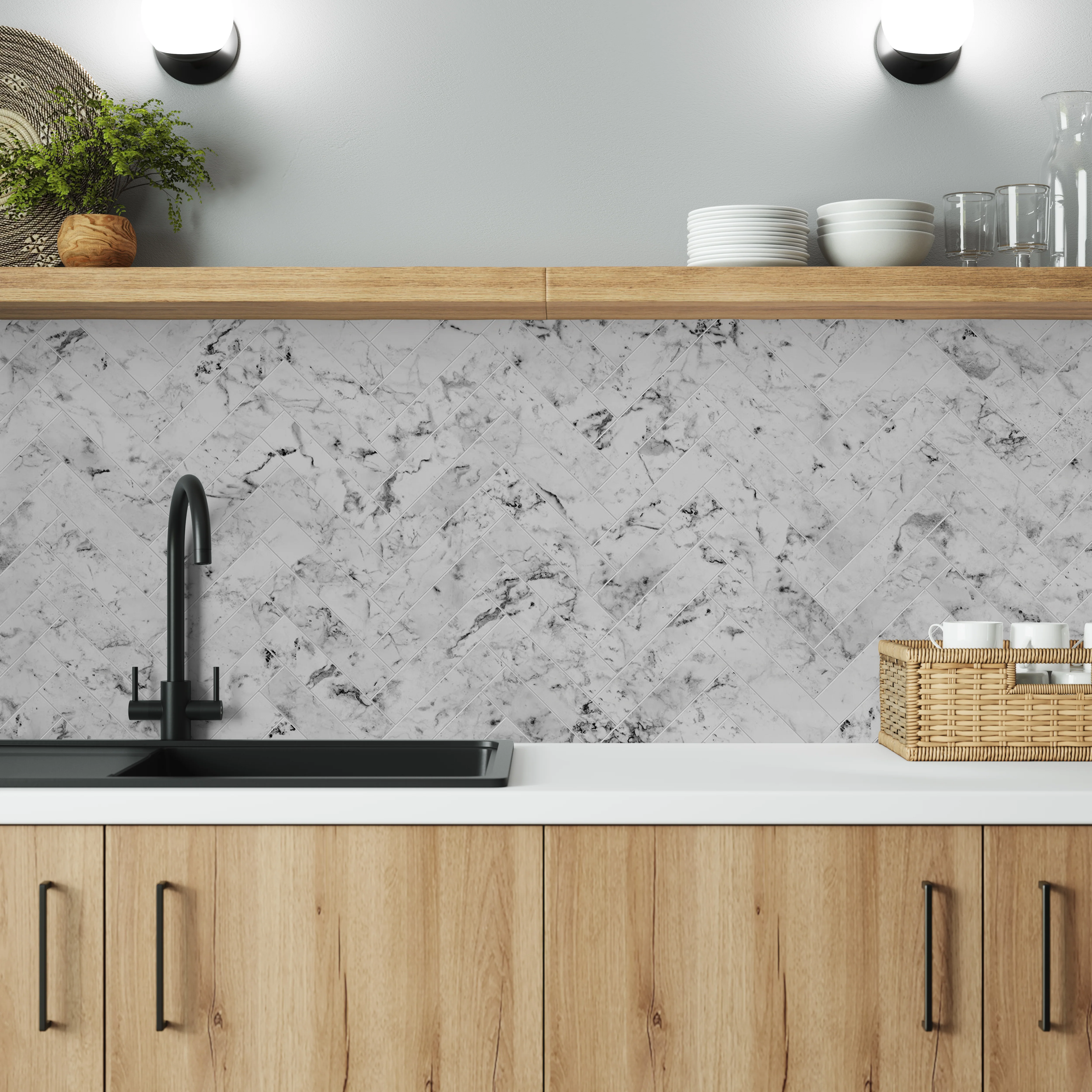 Bushboard Alloy Carrara Marble Herringbone Aluminium Feature Kitchen Splashback - Image 4